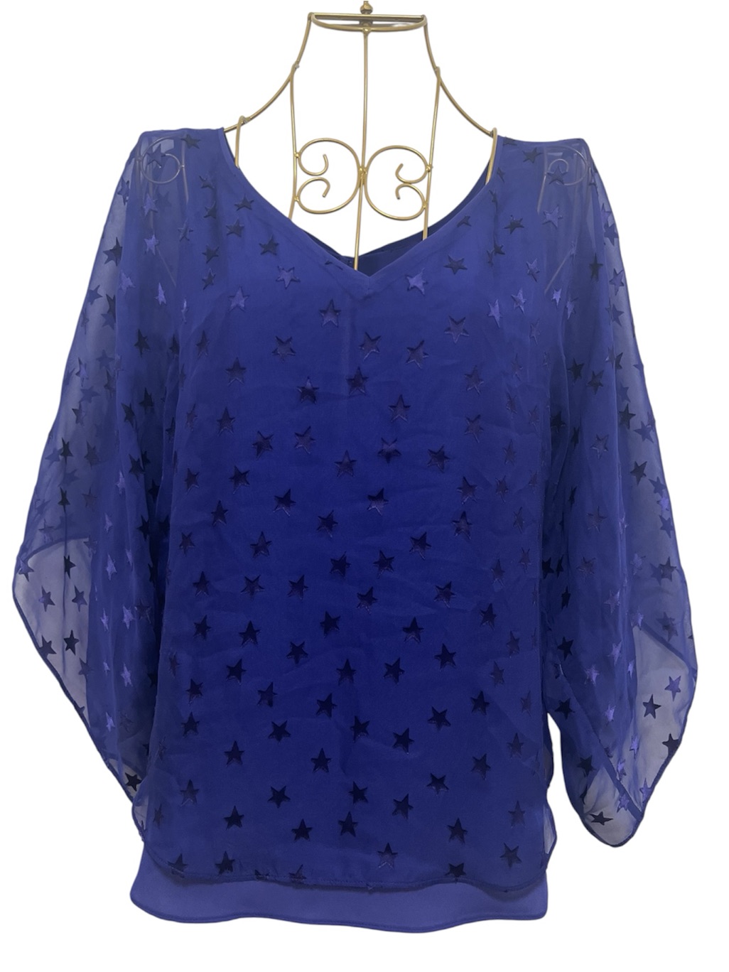 White House Black Market Silk Blend Royal Blue Star-Pattern V-Neck Blouse Size L
